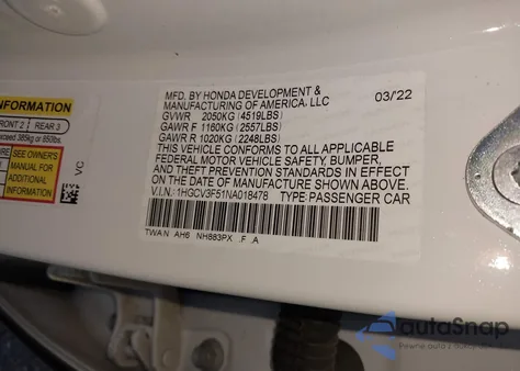 2022 Honda Accord Hybrid Ex-L from USA, damaged, VIN 1HGCV3F51NA018478